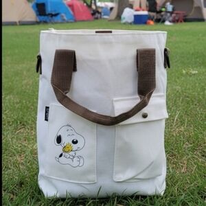 Kids Canvas Tote Bag with Snoopy Print - White and Brown Handles